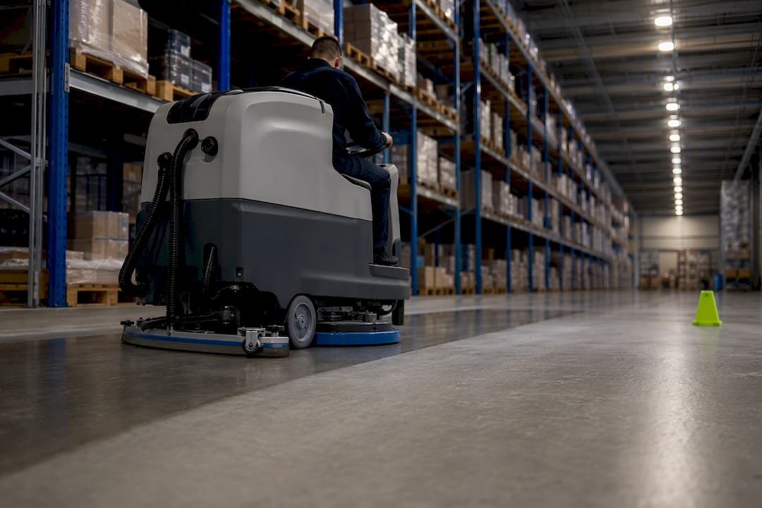 Scrubber-dryer cleaning a large warehouse floor