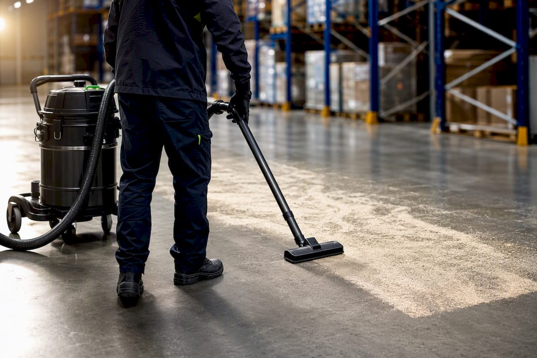 HEPA vacuum removing fine warehouse dust