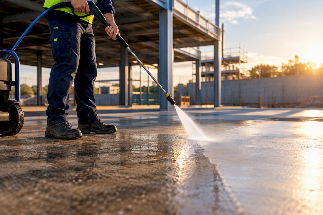 Commercial operator pressure washing concrete hardstand