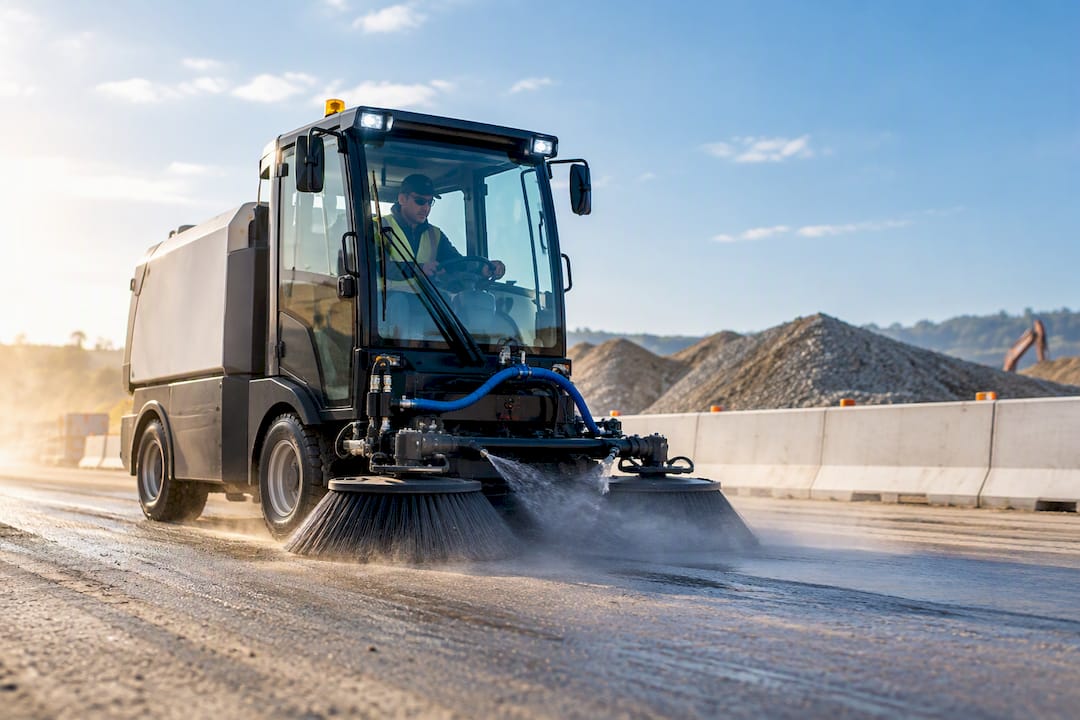 Mechanical sweeper controlling dust on construction site