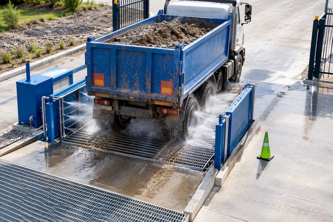 Wheel-wash bay removing mud from construction tyres