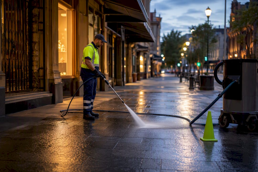 Contained pressure washing on Sydney footpath