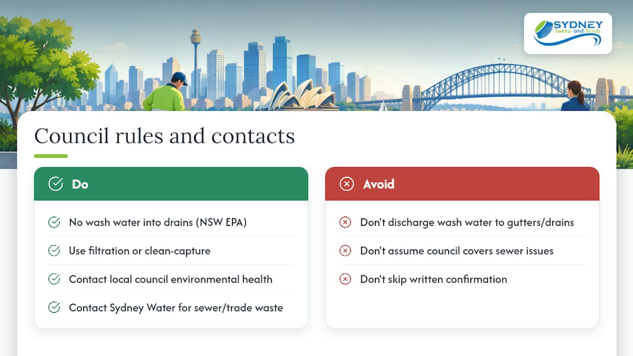 Relevant Sydney local council regulations and contact information for permits — overview diagram