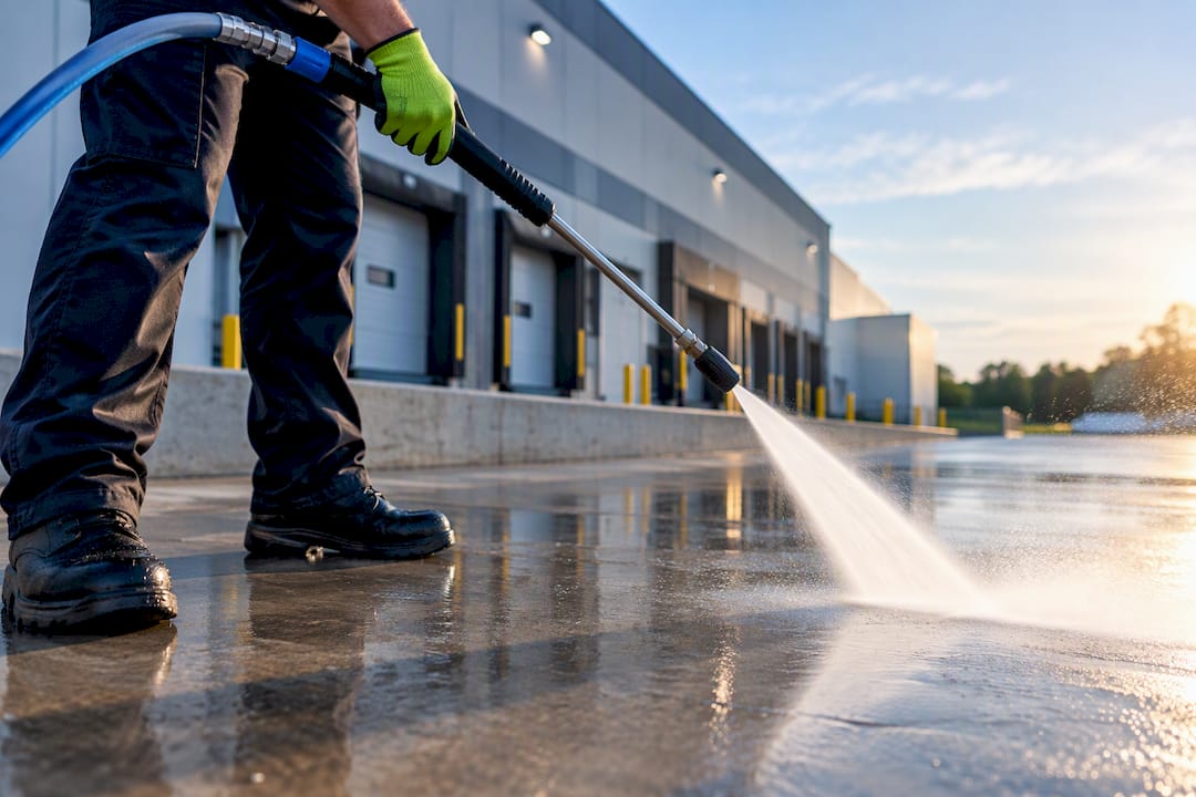 Technician pressure washing industrial loading dock