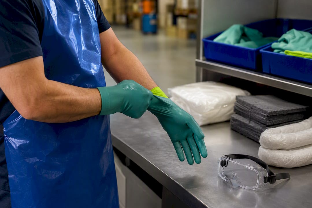 Worker putting on gloves and safety glasses