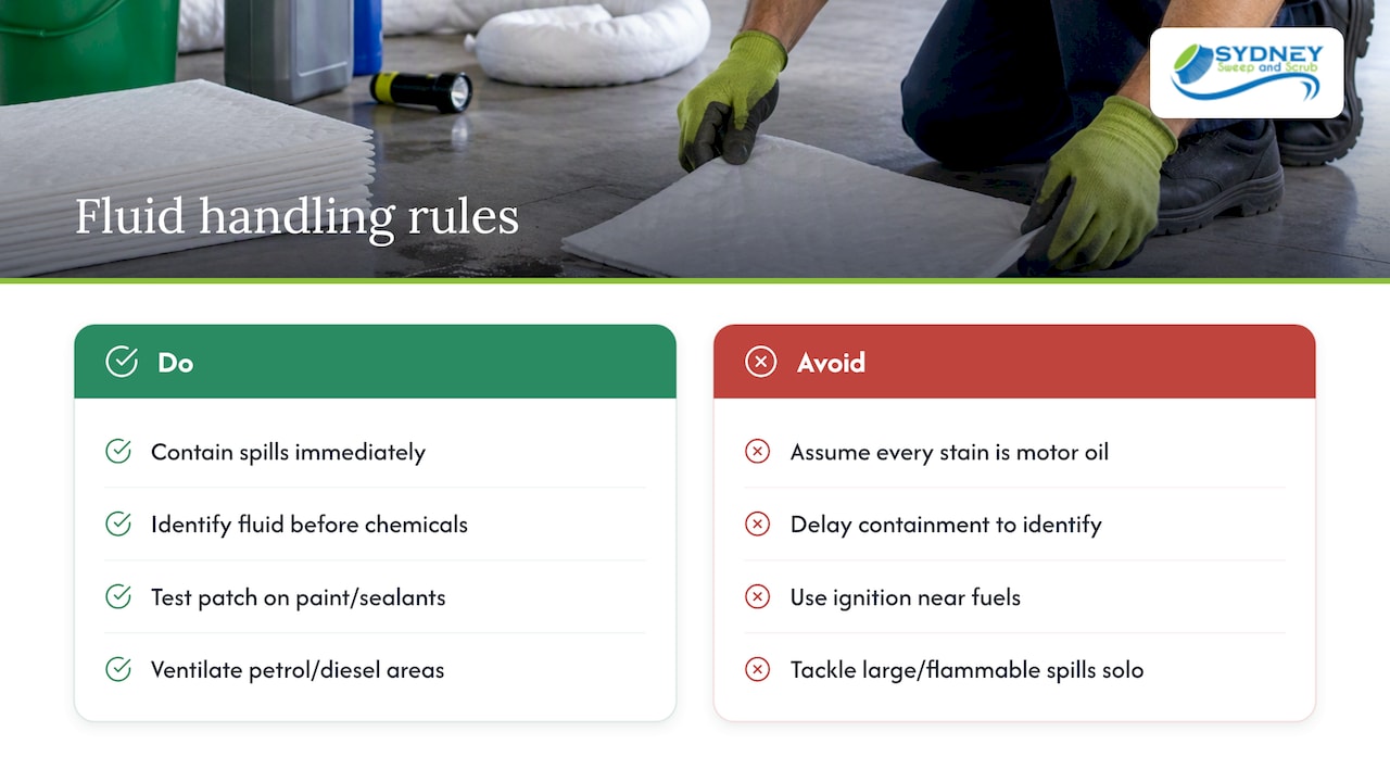 Comparison of garage fluids and spill responses