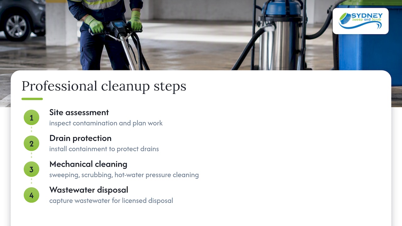 Professional approach: how Sydney Sweep and Scrub handles carpark oil cleanup — overview diagram