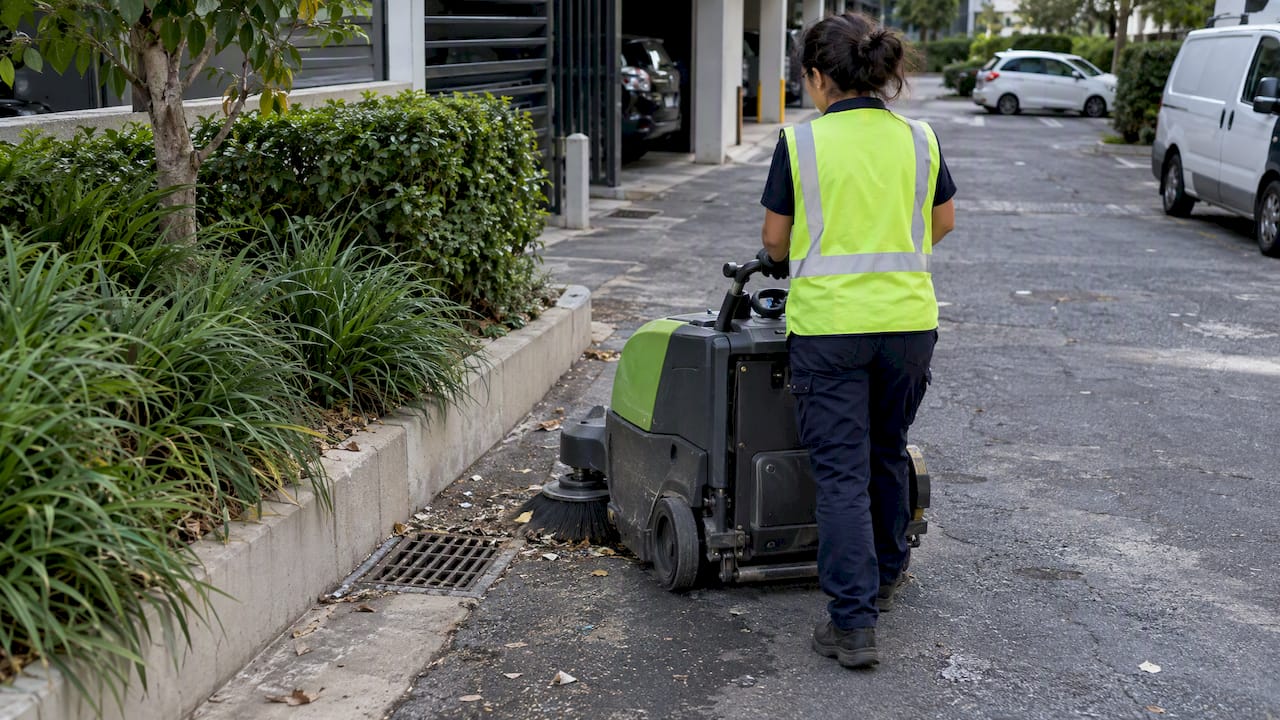 Mechanical sweeper cleaning an urban hardstand
