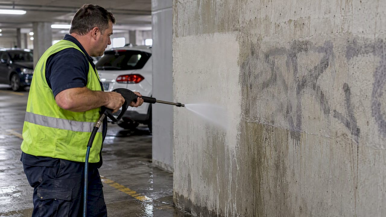 Graffiti shadow being washed from car park wall