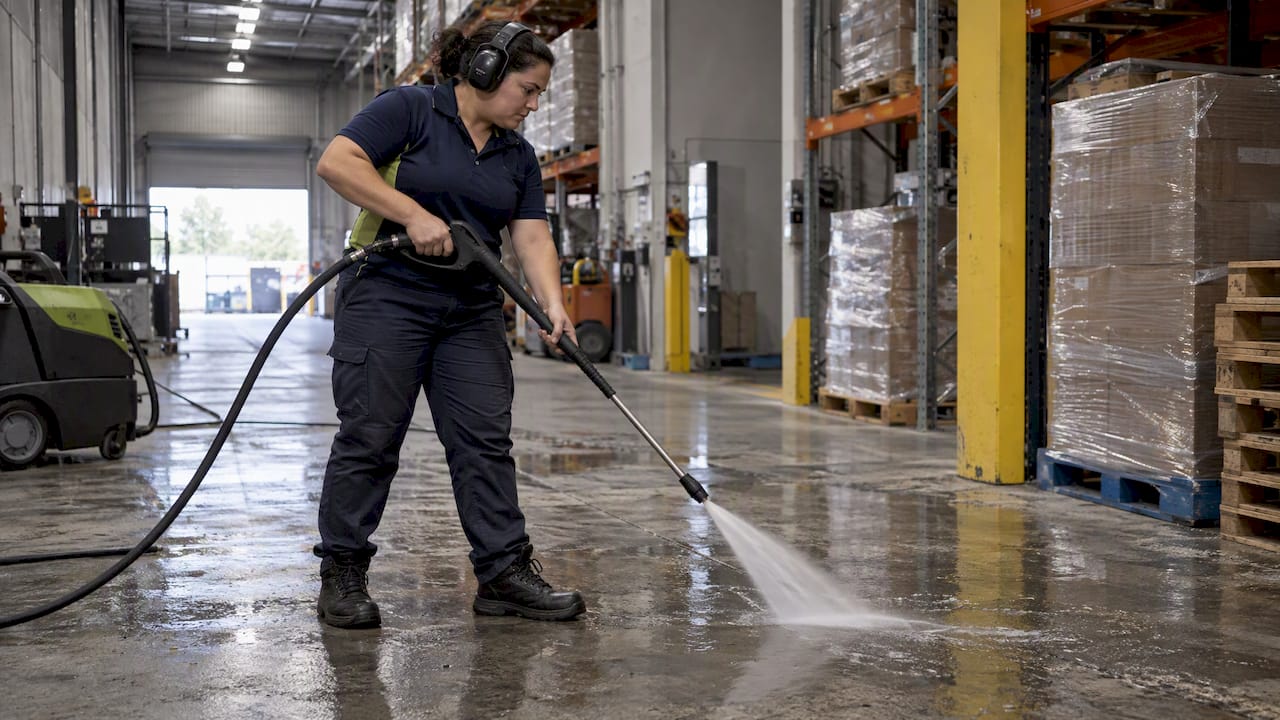 Worker pressure-washing a warehouse floor