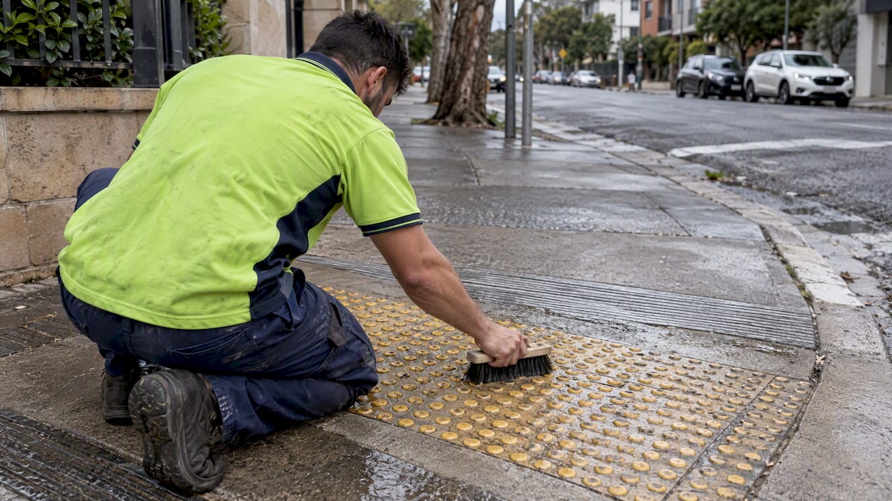 Worker brushing a tactile paving pad