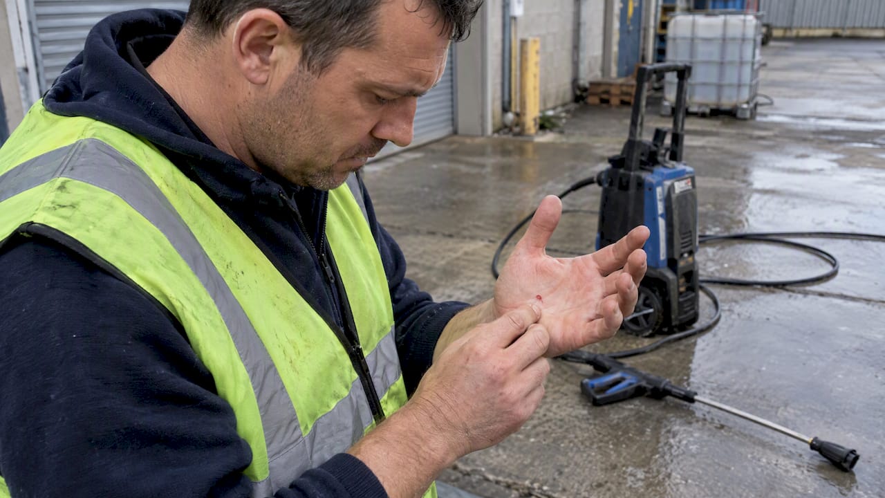 Cleaner inspects a small hand wound near washer