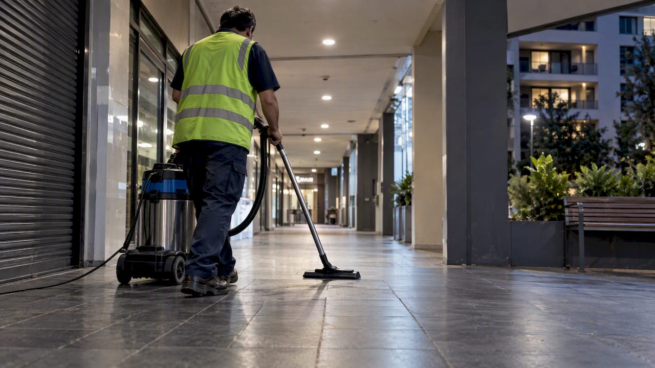 Night cleaner vacuuming beside apartment frontage