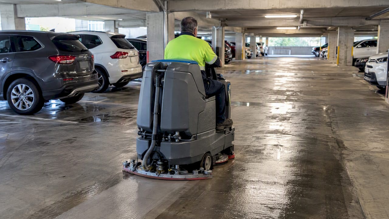 Ride-on scrubber cleaning a commercial car park