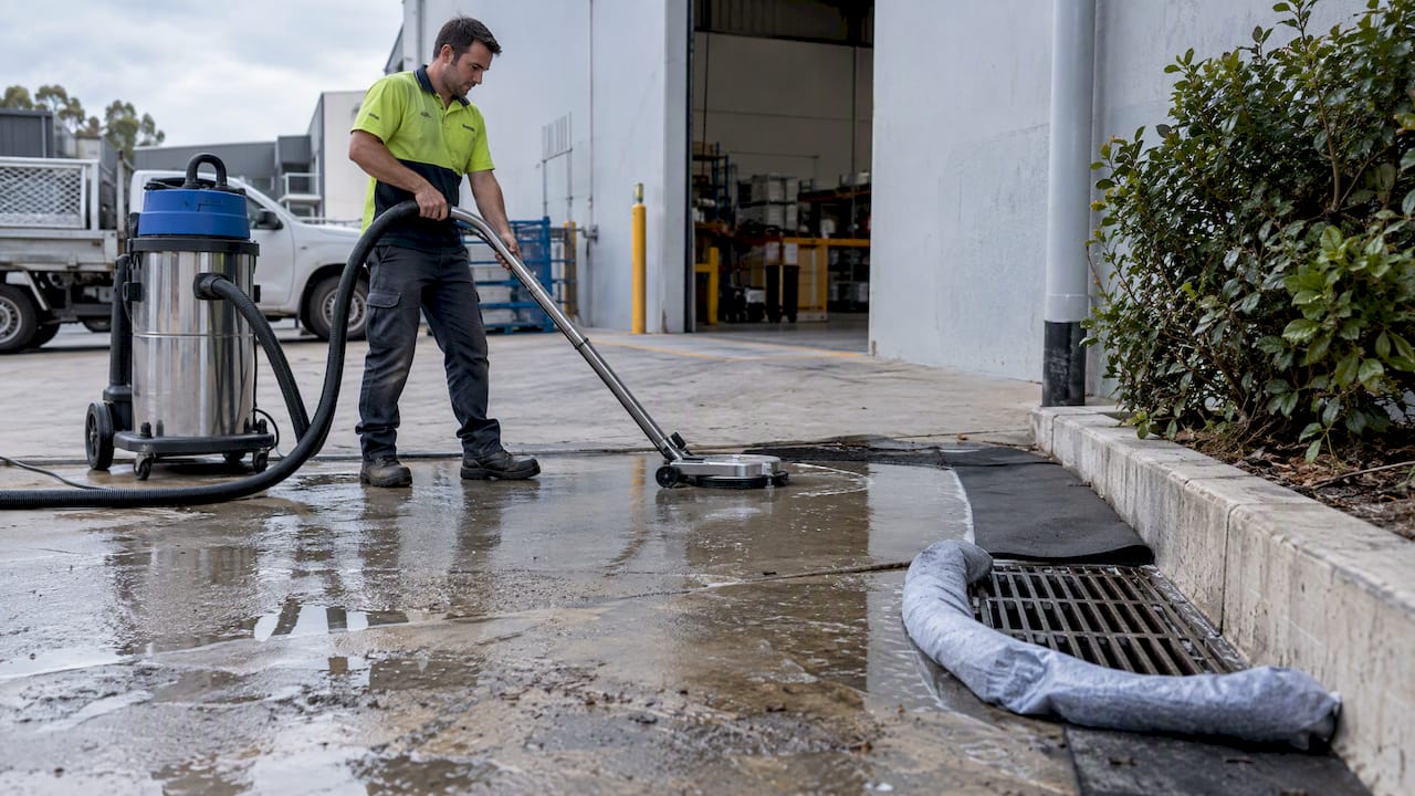 Cleaner recovering wash-water beside a protected drain