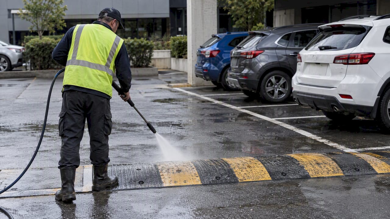Operator pressure washing a car park speed bump