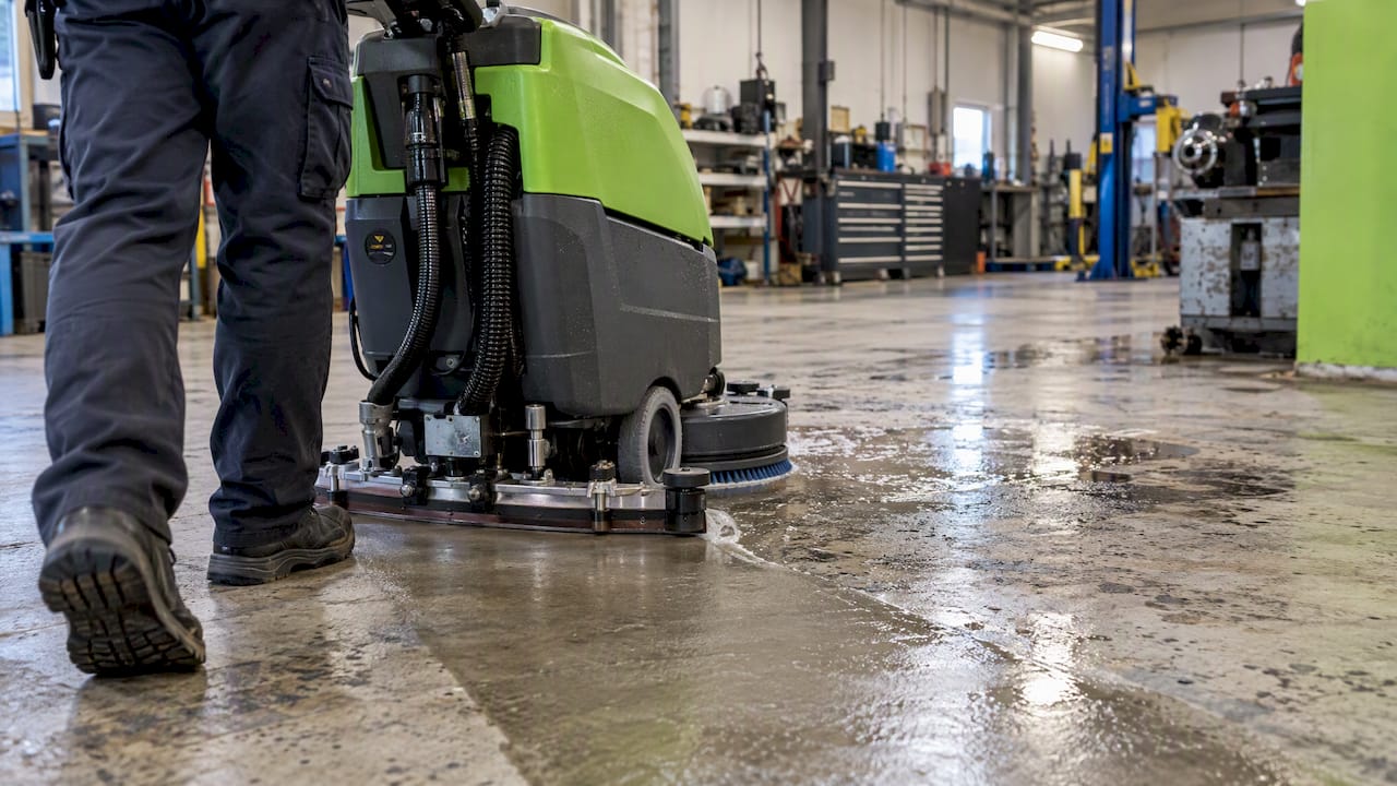 Floor scrubber removing grime and dirty water