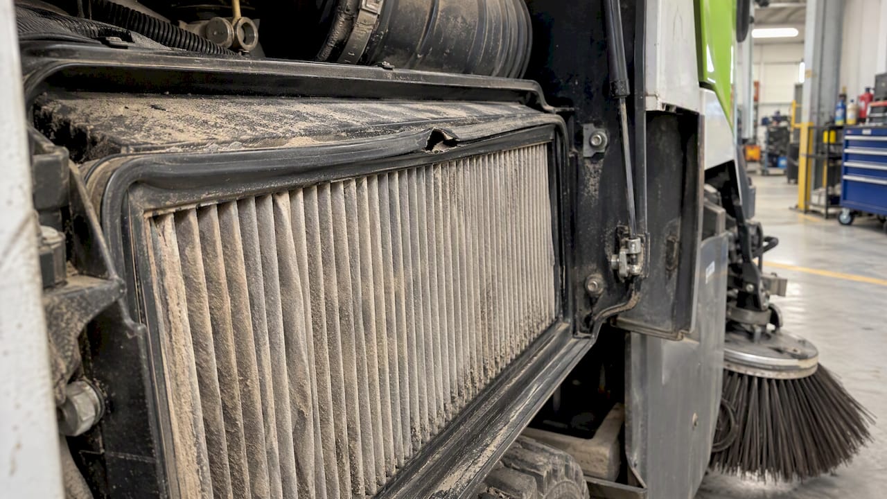 Torn sweeper filter seal with dust buildup